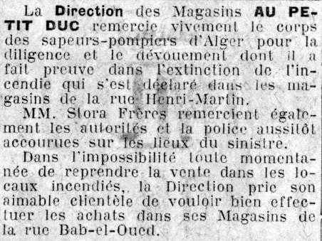 Le feu aux magasins du « Petit Duc » à Alger - 1931