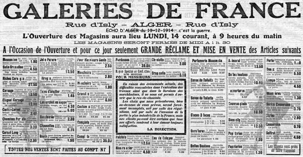 L'Ouverture des Magasins aura lieu LUNDI, 14 courant, à 9 heures du matin