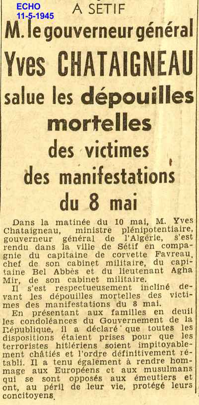 2.- M. le gouverneur général Yves CHATAIGNEAU salue les dépouilles mortelles des victimes des manifestations du 8 mai