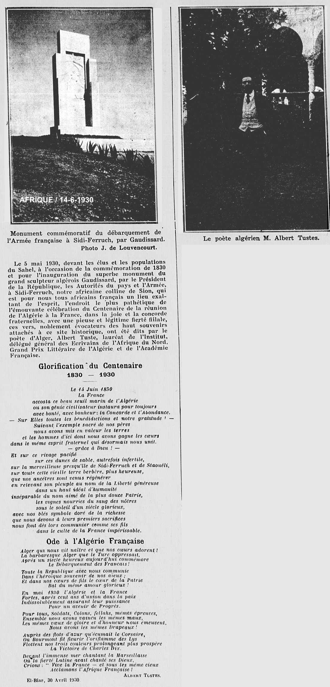 à l'occasion de la commémoration de 1830 et pour l'inauguration du superbe monument du grand sculpteur algérois Gaudissard