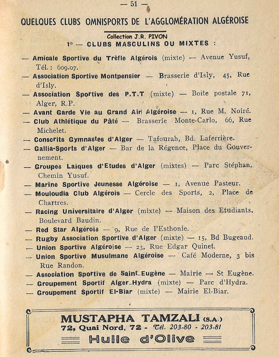 QUELQUES CLUBS OMNISPORTS DE L'AGGLOMÉRATION ALGÉROISE