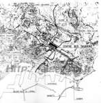 Plan de situation dans la cité du carrefour des Tagarins montrant sa position privilégiée dans les hauts d'Alger. En trait noir les grandes lignes de liaisons véhicules av