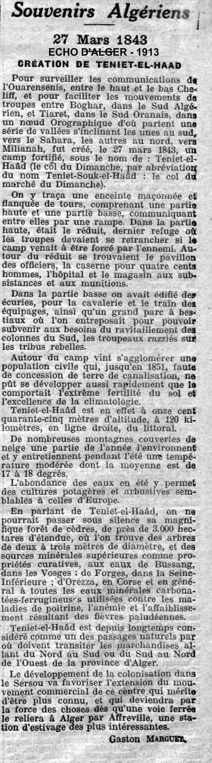 Création de Teniet-el-Haad - 27 mars 1843