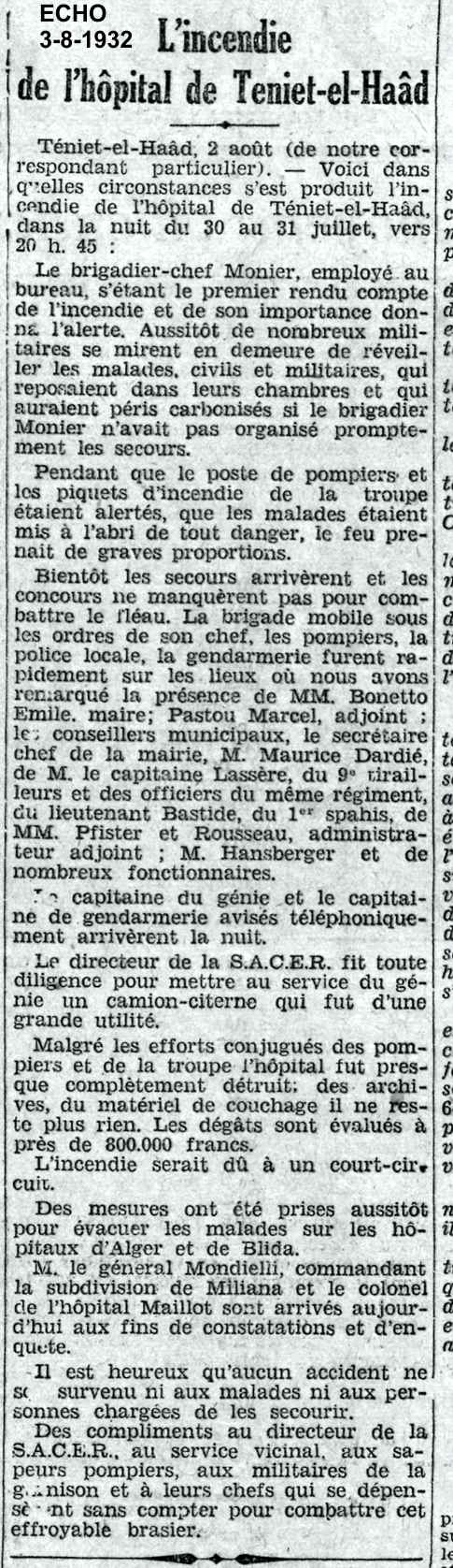 1.- L'incendie de l'hôpital de Teniet-el-Haâd - 1932