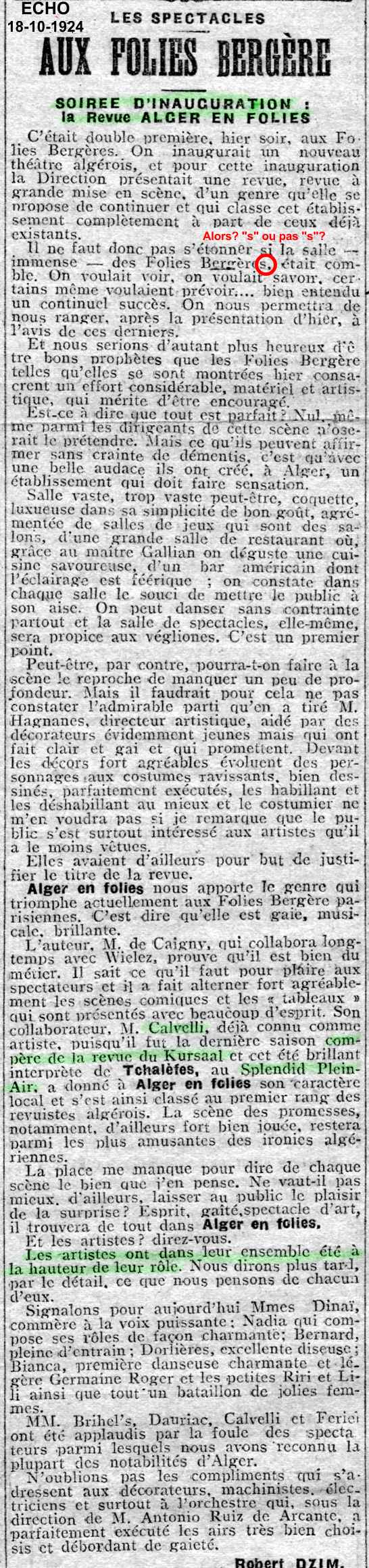 15-10-1924 : Alger en folies au casino des Folies Bergère