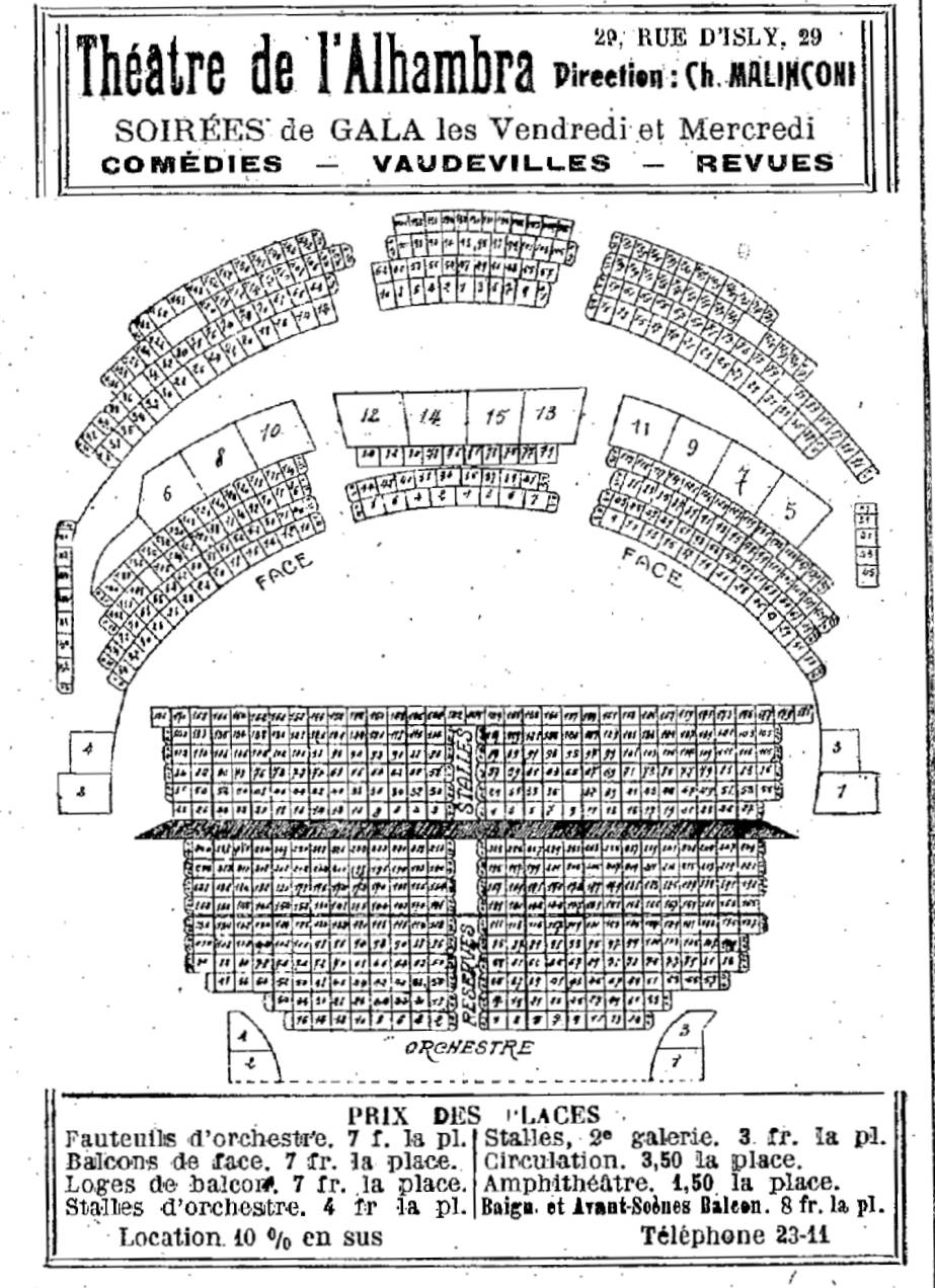 Plan et prix des places de la salle de l'Alhambra