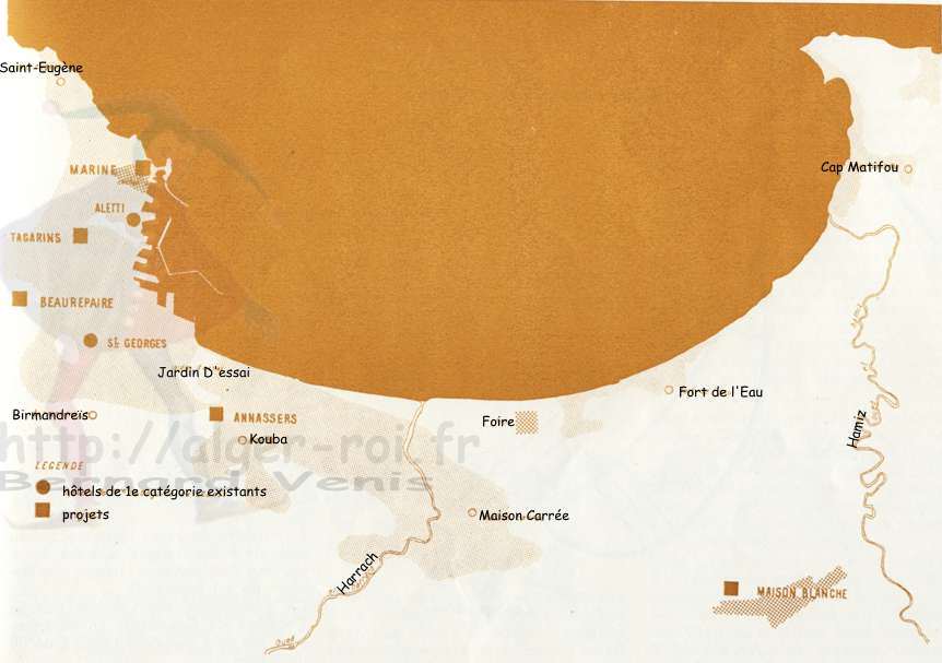 Lieux d'implantation des hôtels 1ère catégorie prévus dans la région algéroise.