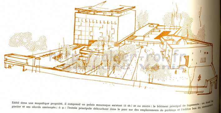 Edifié dans une magnifique propriété, il comprend un palais mauresque existant (à dr.) et au centre: le bâtiment principal de logements; au fond la piscine et ses abords aménagés; à g.: l'entrée principale débouchant dans le parc sur des emplacements de