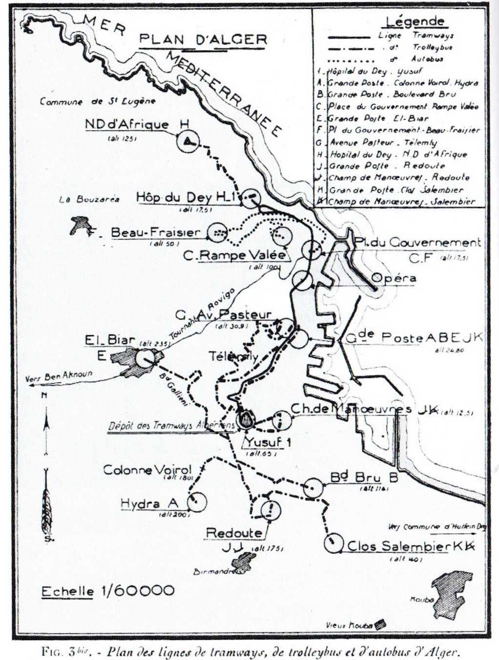 Les transports,plan des lignes de tramways,de trolleybus et d'autobus d'alger