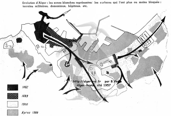 Evolution d'Alger: les zones blanches représentent les surfaces plus ou moins bloquées: terrains militaires, domaniaux, hôpitaux, etc...