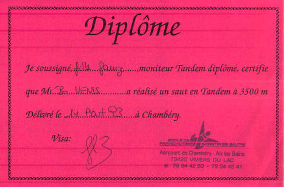 diplôme de saut en tandem