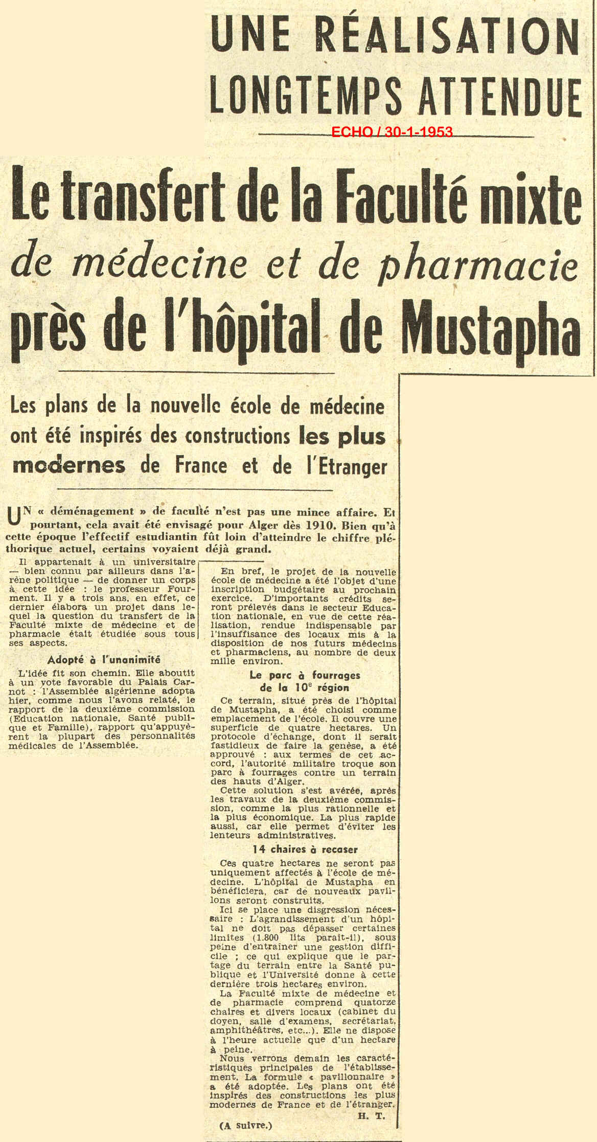 Le transfert de la faculté mixte de médecine et de pharmacie près de lhôpital de Mustapha