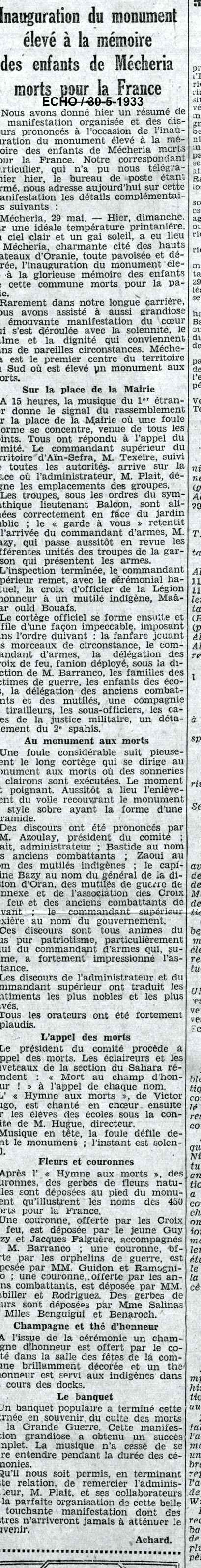 Inauguration du Monument aux Morts. 