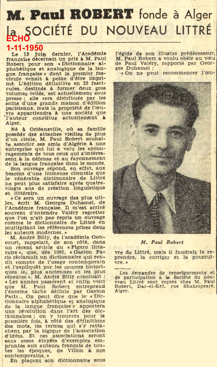 1.- M. PAUL ROBERT fonde à Alger la SOCIÉTÉ DU NOUVEAU LITTRÉ
