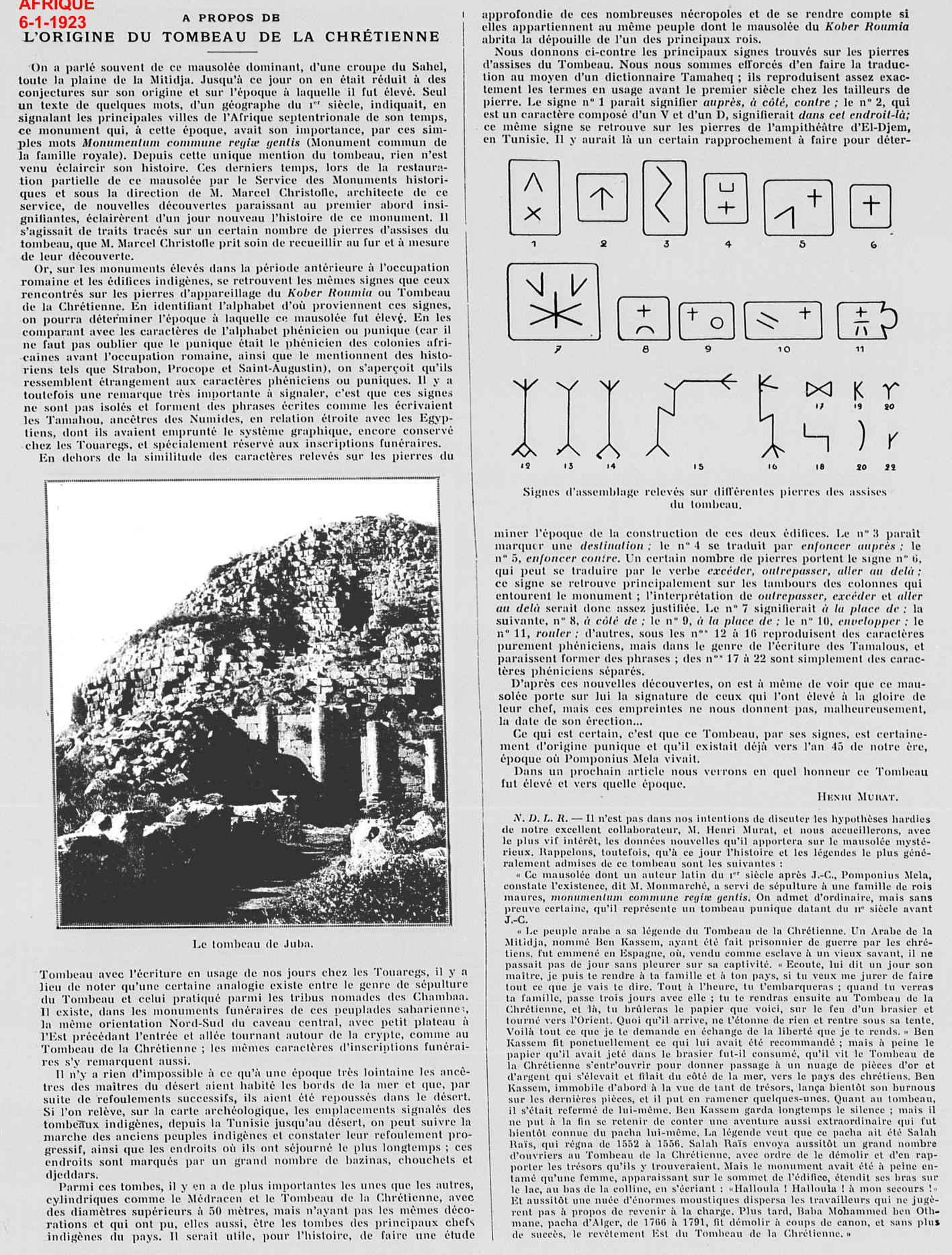 A PROPOS DE L'ORIGINE DU TOMBEAU DE LA CHRÉTIENNE
